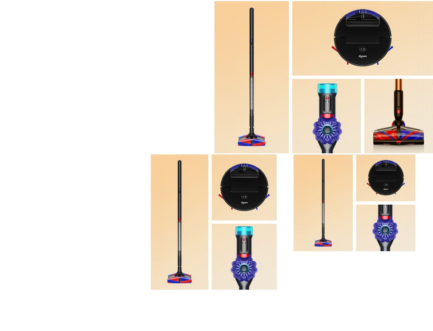 Een assortiment Dyson stofzuigers