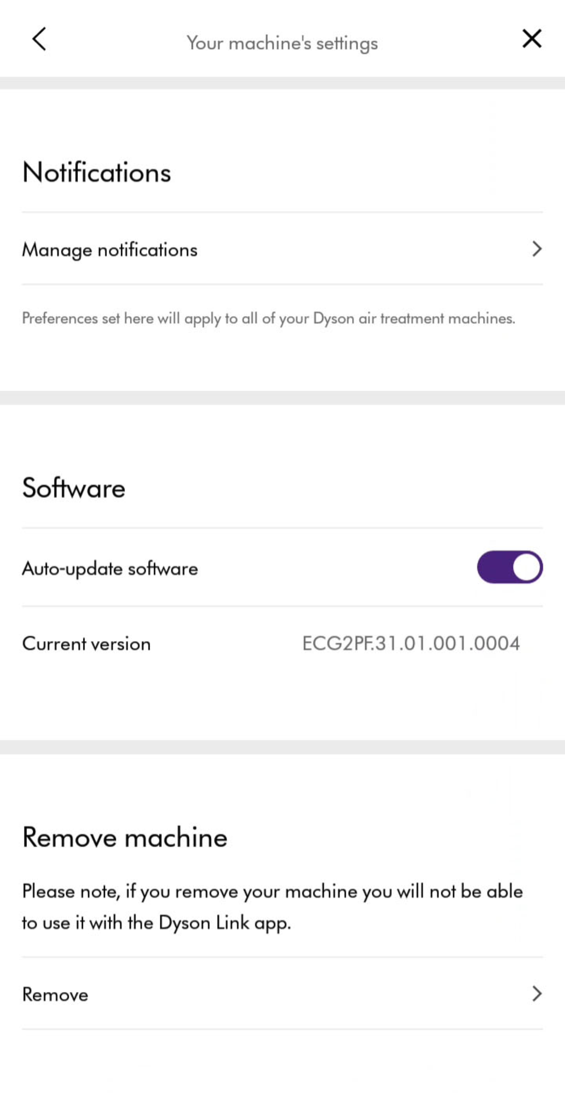 Dyson Link app firmware update screenshot