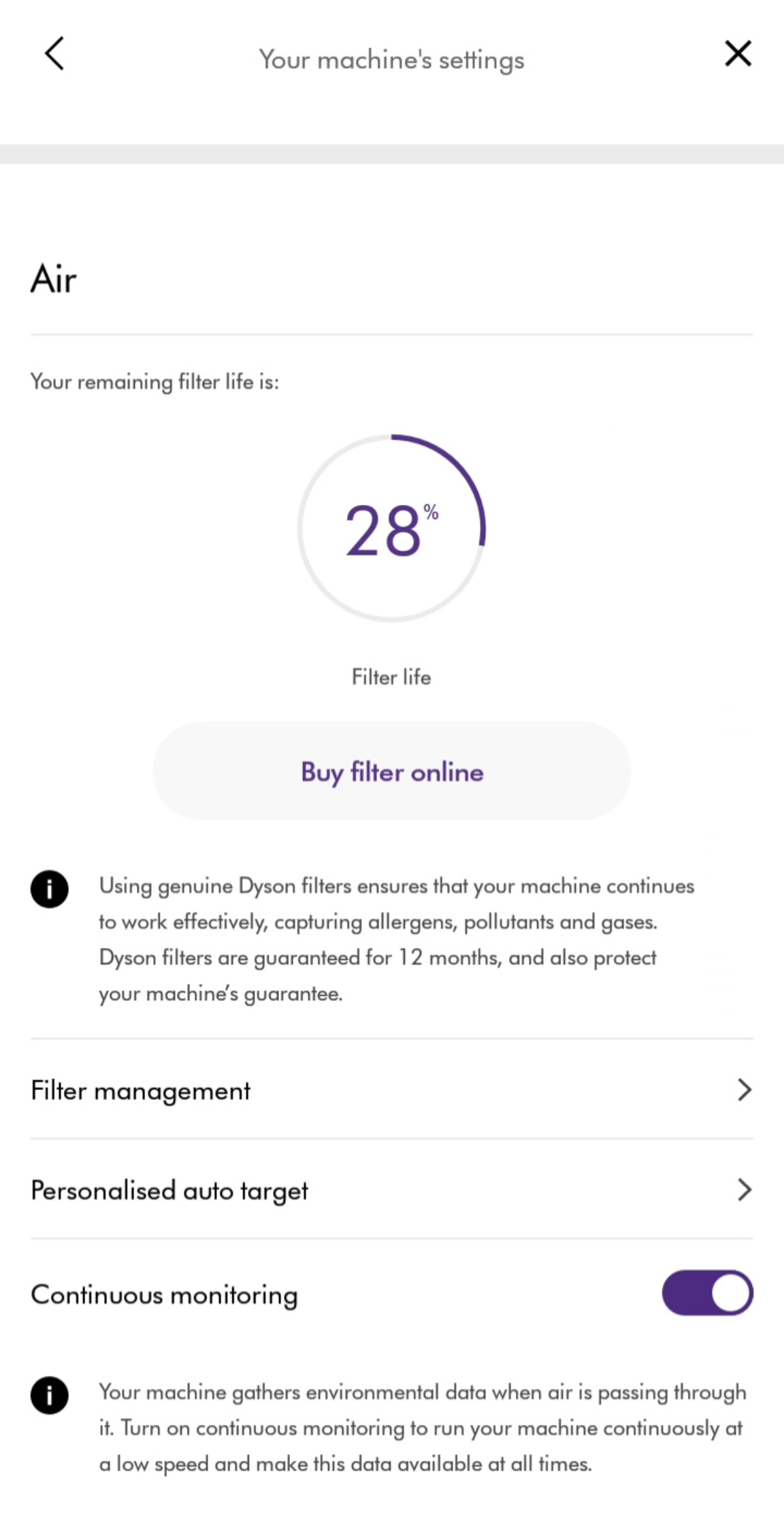 Dyson Link app filter reset screenshot