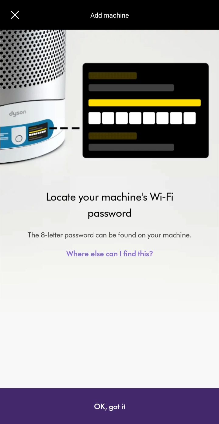 Dyson fan shop wifi password