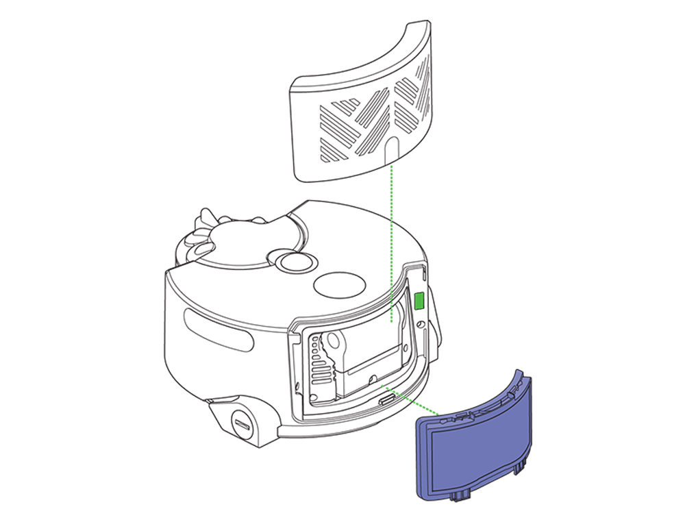 O sítio da porta USB no aspirador robô Dyson, sem o pós-filtro e o invólucro.