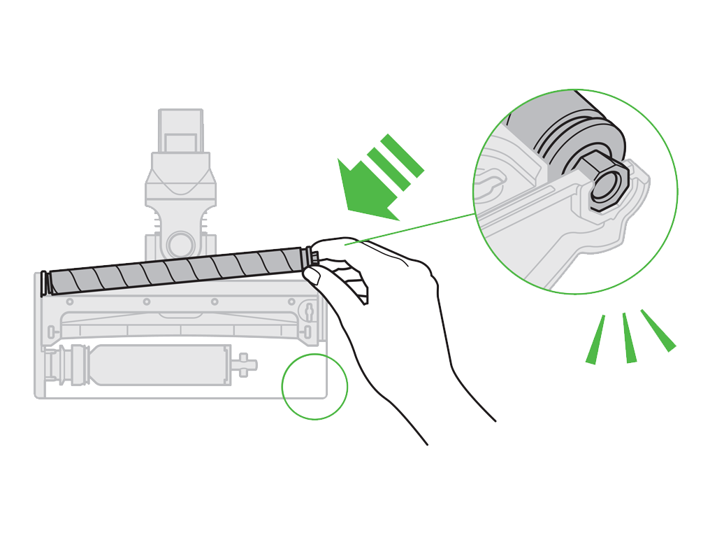 The rear brush bar clicking into place on the cleaner head.