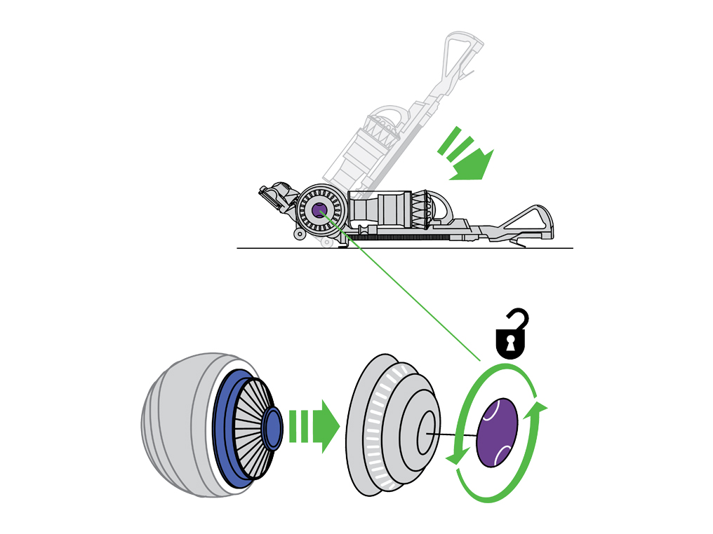 L’image montre la protection de la coquille sphérique être retirée du côté du filtre.