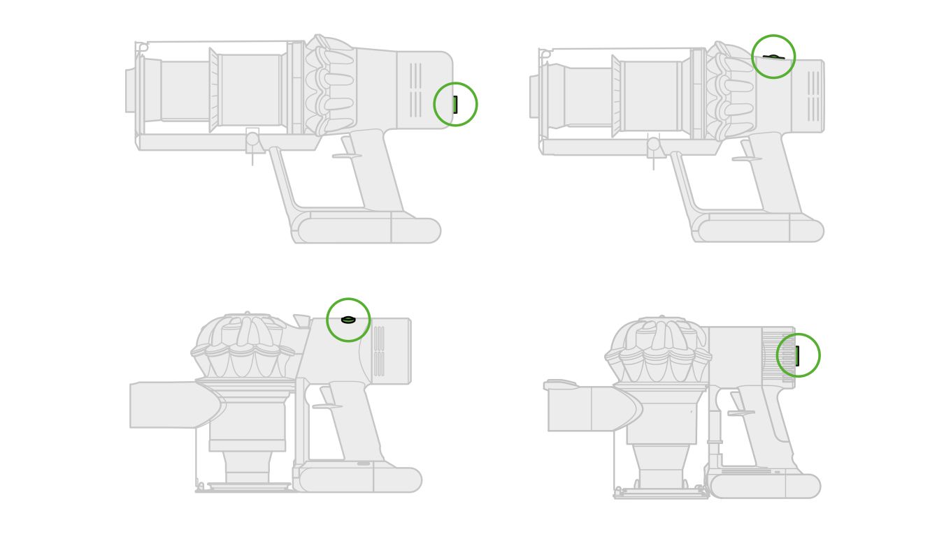Diagram to show button position on each Dyson cordless vacuum