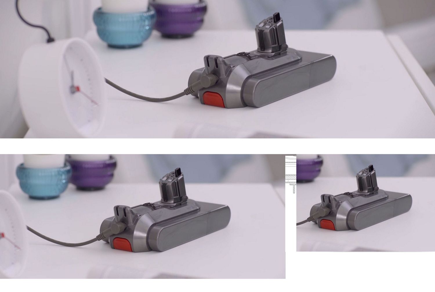 A  battery plugged into charge on a worktop