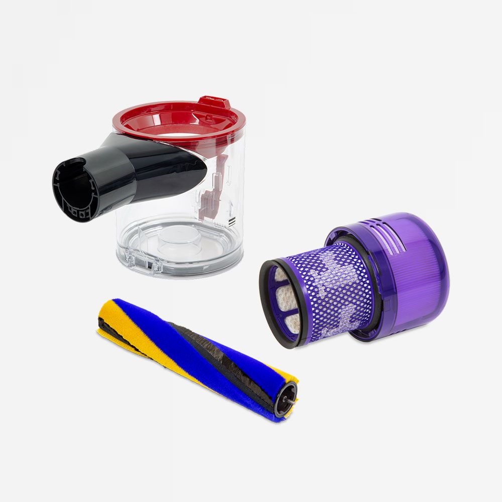 A selection of Dyson spare parts including a filter, a brush bar and a bin.