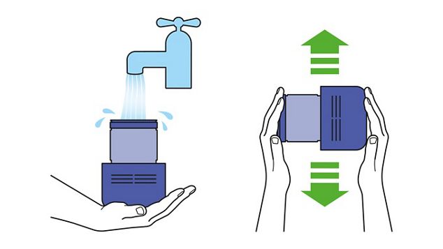 Diagram of filter beneath running tap and arrows to indicate shaking motion