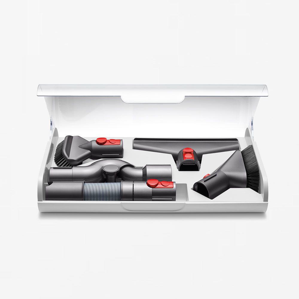 A white case with five individual accesories and attachments inside.