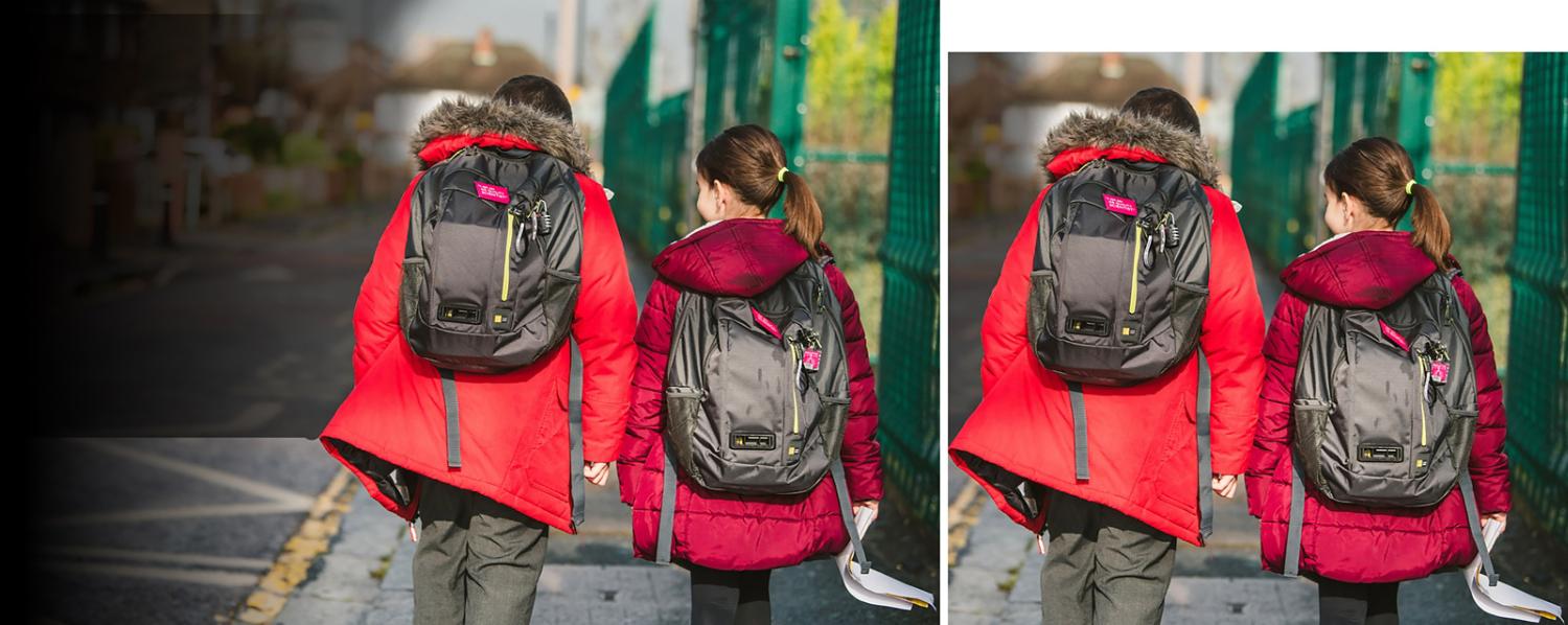 School children wearing Dyson backpacks.