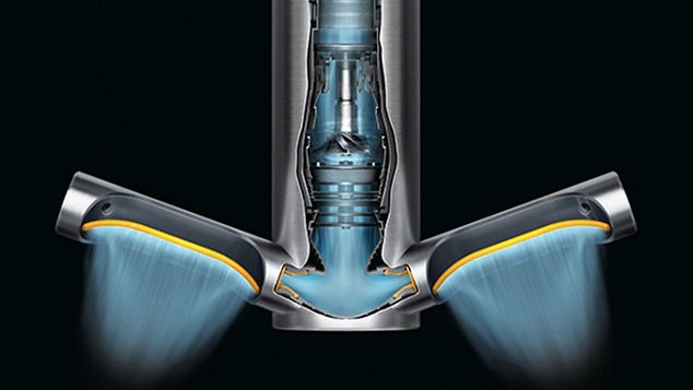 Schnittdarstellung des Dyson Airblade 9kJ Händetrockners zeigt den Luftstrom.