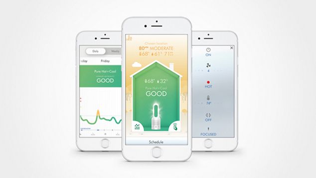 MyDyson app showing air quality and features on phone screens