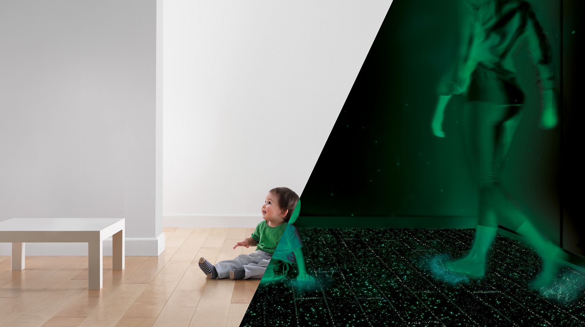  Child sitting in centre of room dust cross section