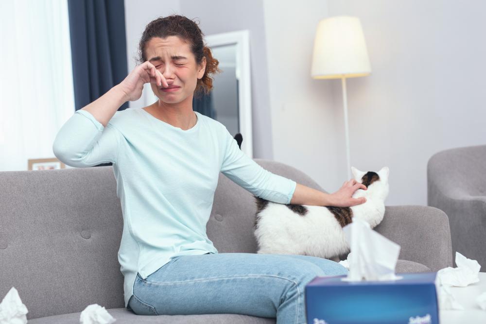 Pet cat allergens affecting woman at home