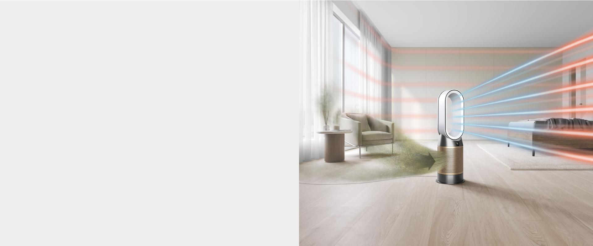 oczyszczacz Dyson pochłaniający zanieczyszczenia w pokoju dziennym