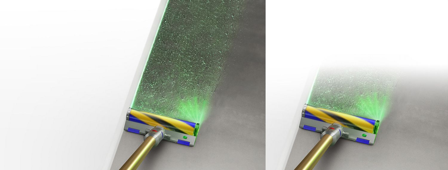 Dyson V15 Detect vacuum with Laser Slim Fluffy Laser cleaner head, showing sizes of dust detected