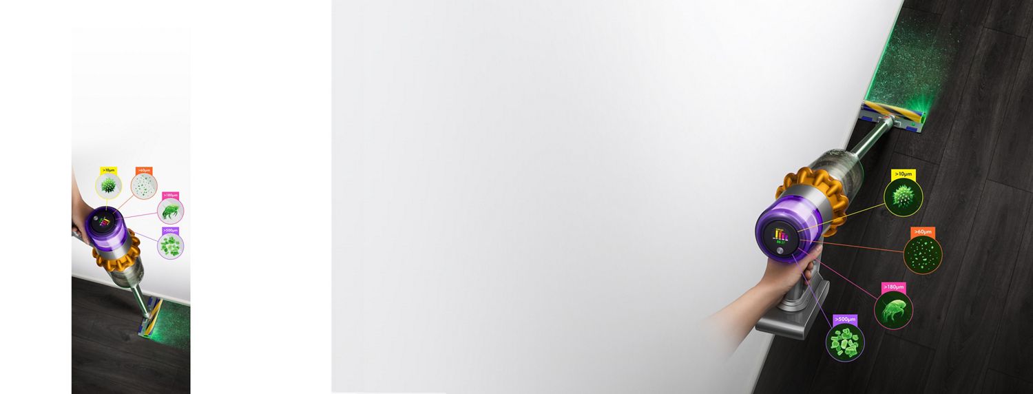 Dyson V15 Detect vacuum with Laser Slim Fluffy Laser cleaner head, showing sizes of dust detected