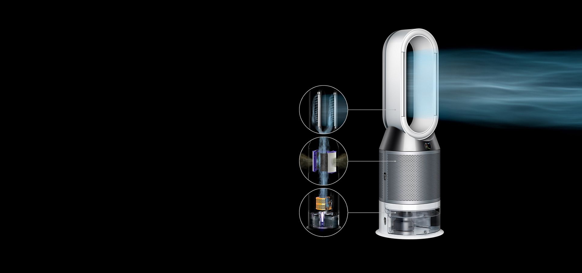 Dyson Pure Humidify+Cool projetant de l’air purifié et humidifié