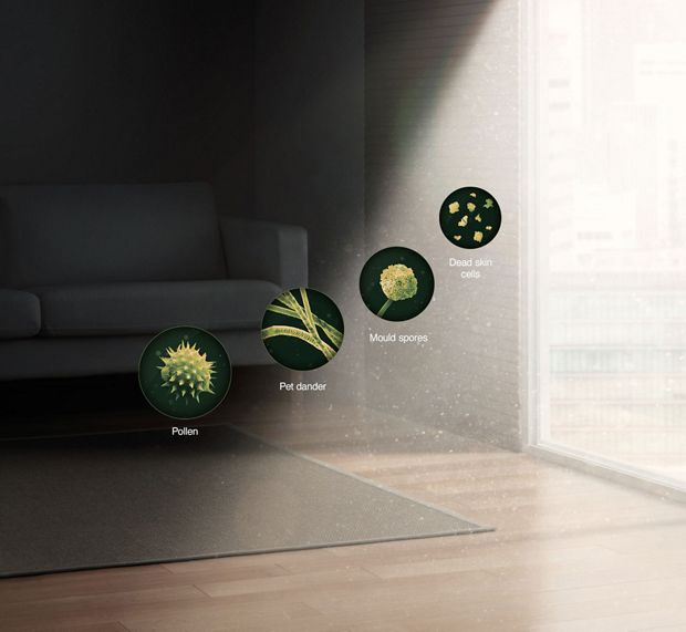 Allergern molecules infront of sun shining through window