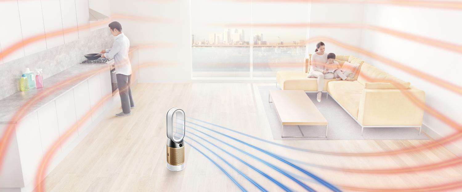 Dyson purifying heating fan heating people and purifying in a living room