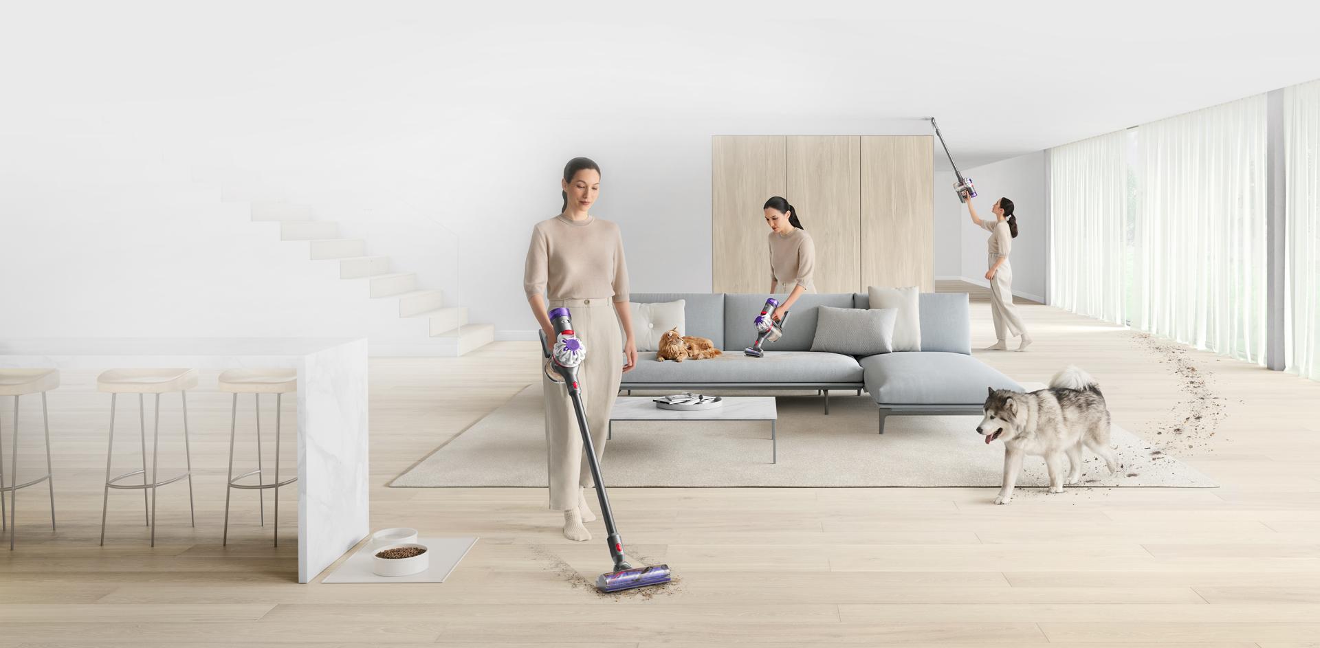 Vacuuming the carpet