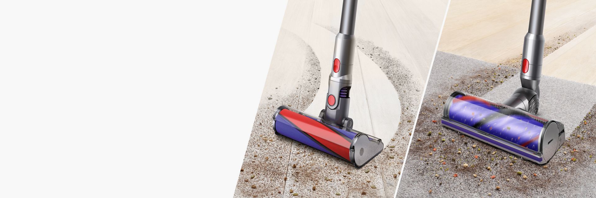 2 têtes d’aspirateurs nettoyant un plancher dur ou un tapis