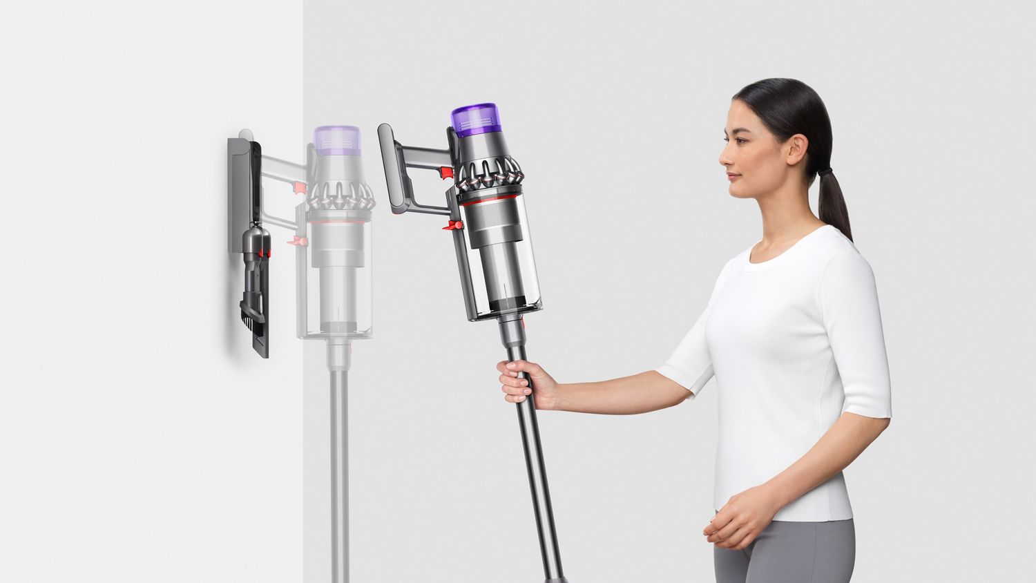 Dyson Outsize vacuum being put onto docking station