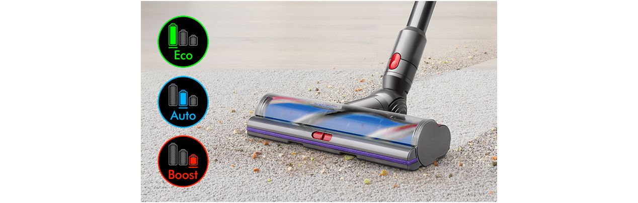 Cleaner head on carpet with image of screen showing three power modes