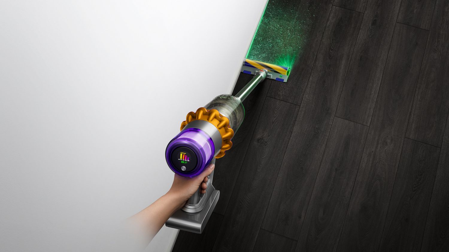 Dyson V15 Detect with LCD display and laser cleaner head on hard floor