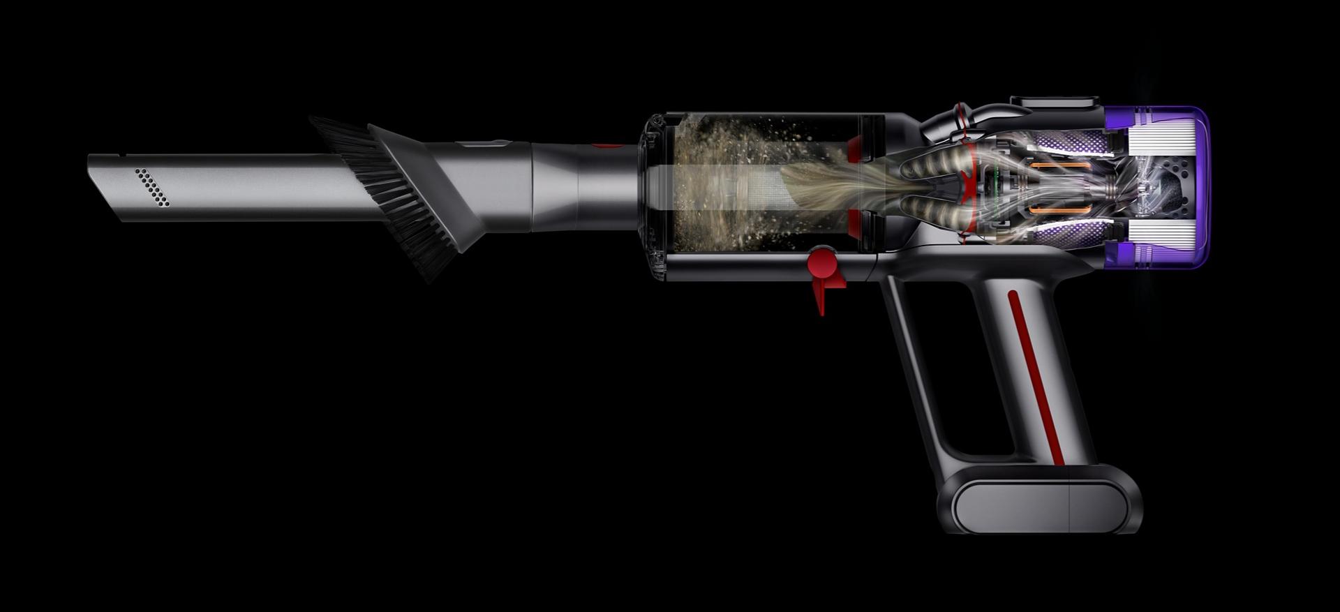 Dyson Humdinger vacuum showing debris inside the cyclone