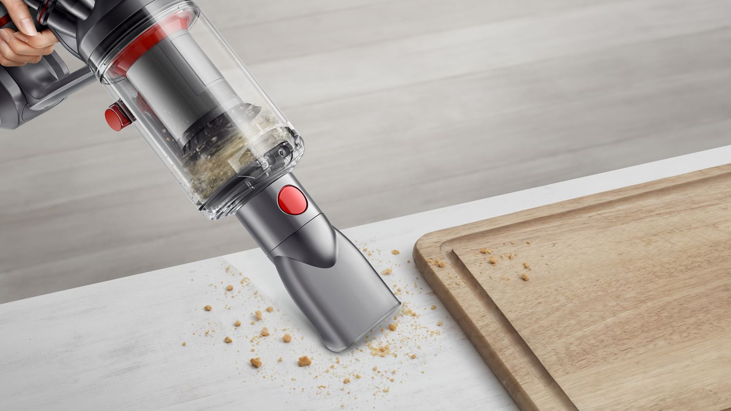 Worktop tool on Dyson Humdinger cleaning crumbs off countertop