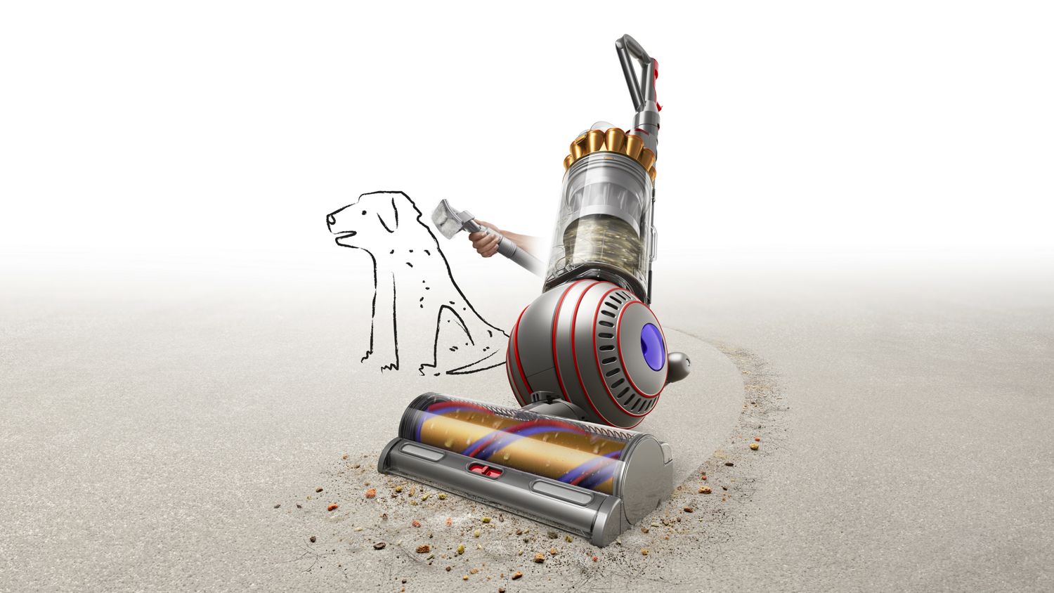 Dyson Ball Animal 3 Complete vacuum cleaning up dirt in front of a sketch of a dog