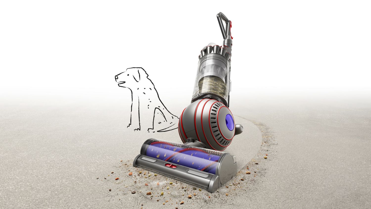 Dyson Ball Animal 3 vacuum cleaning up dirt in front of a sketch of a dog