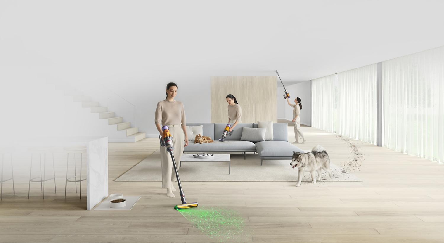 Woman cleaning in various places around the home