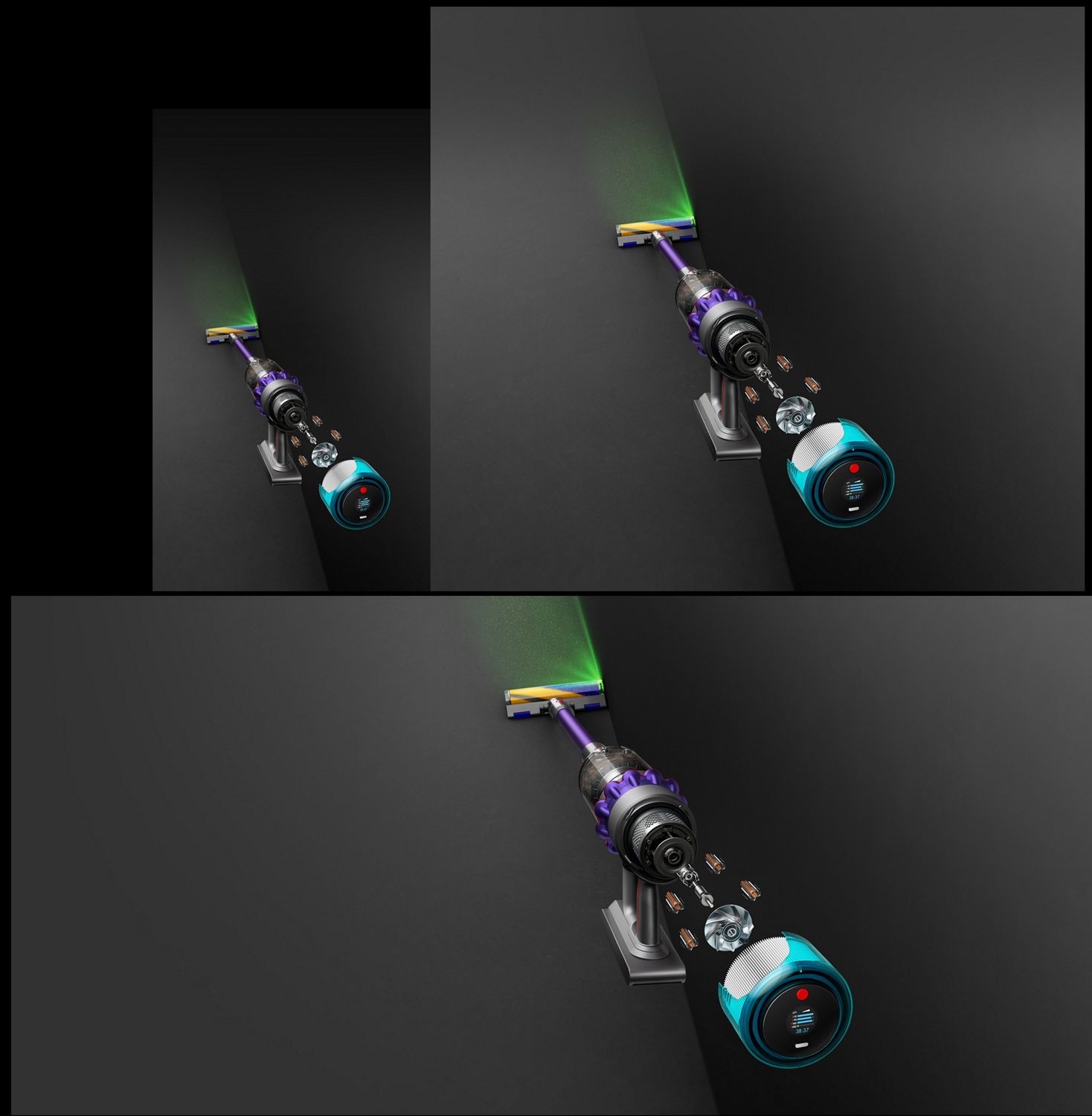 Overhead view of the Dyson Gen5detect with green light emitting from the cleaner head.