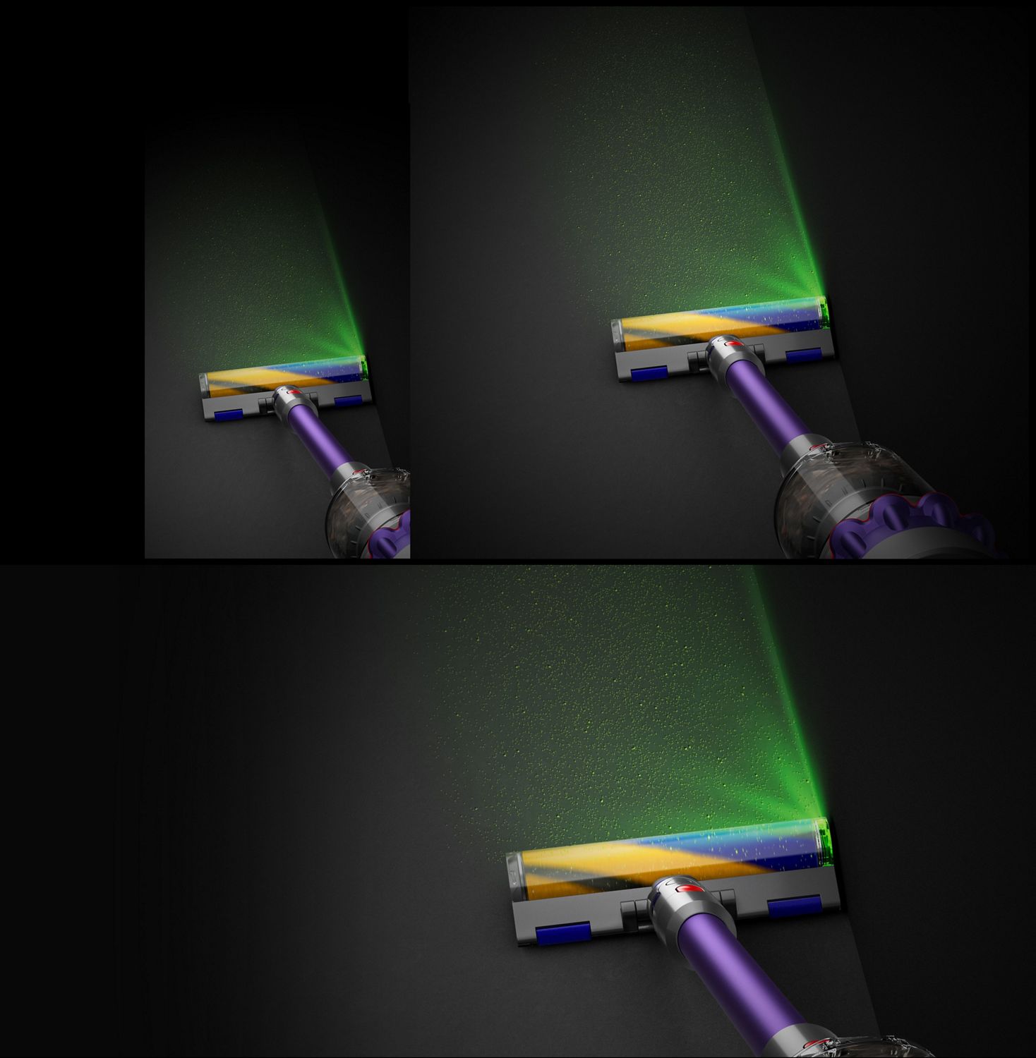 Angled blade of green light emitting from the Fluffy Optic cleaner head.