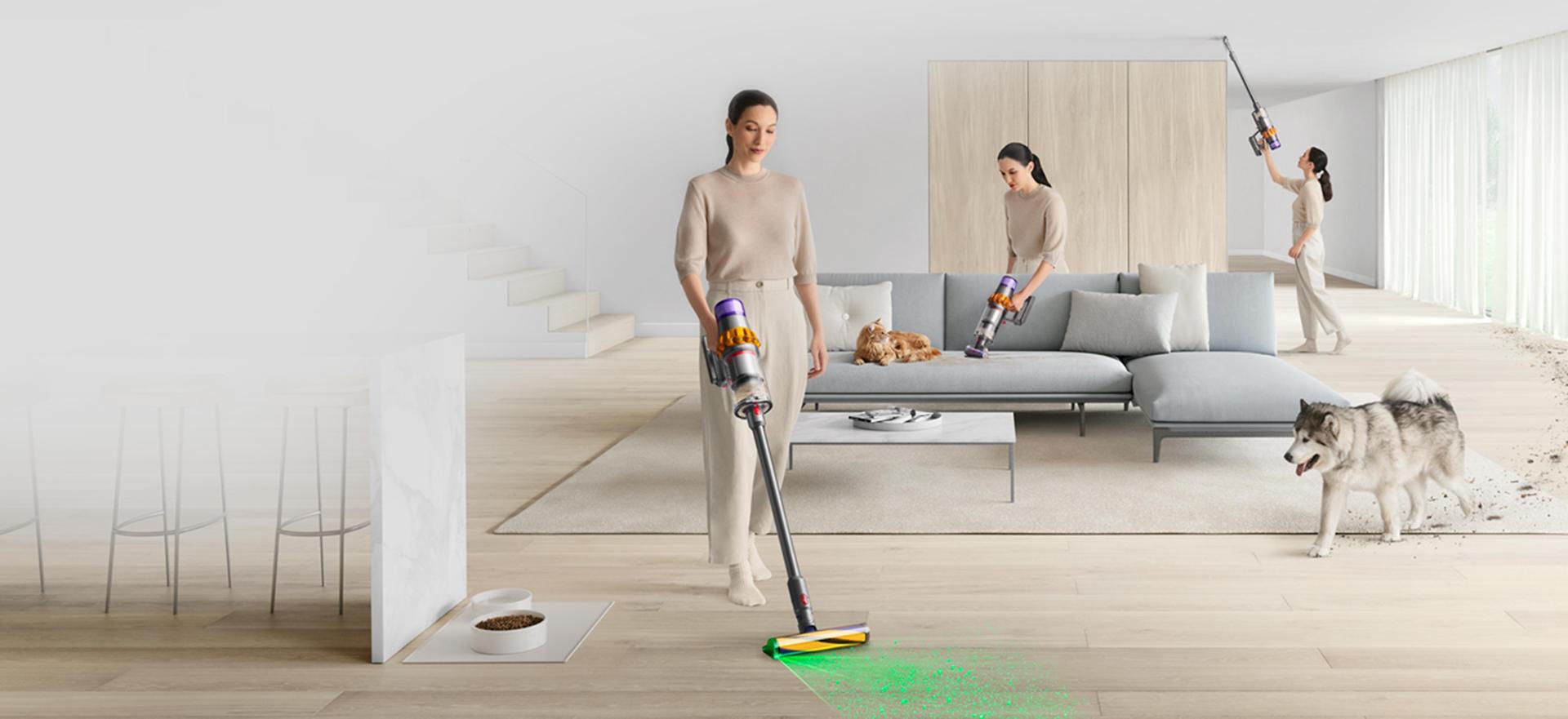 Dyson V15 vacuum cleaning in various places around the home