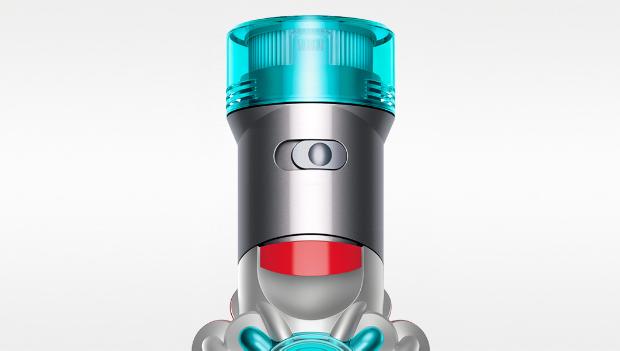 Close-up of Dyson V8 vacuum's power mode button