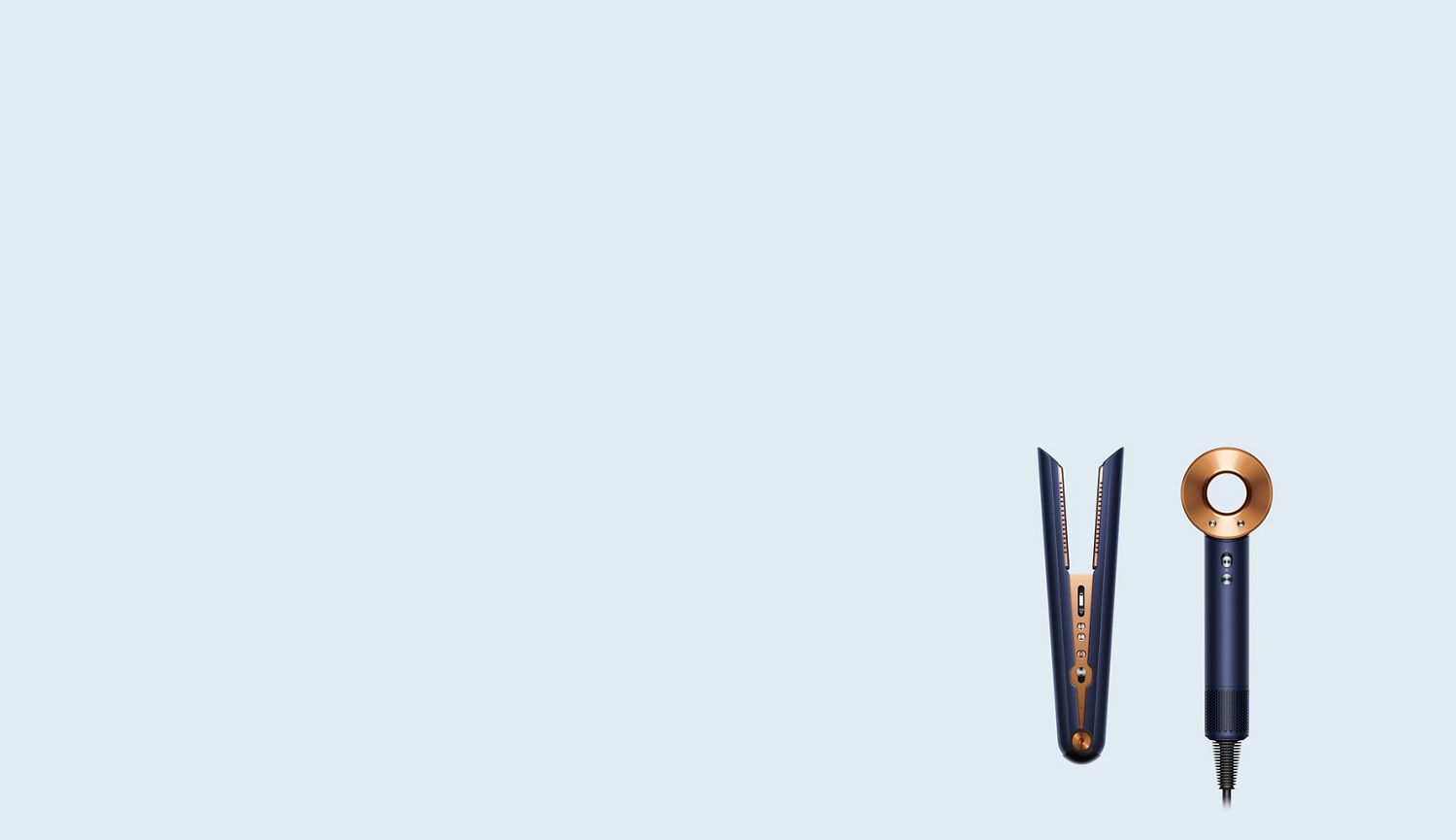 Dyson Corrale straightener and Supersonic hair dryer in Prussian blue and rich copper.