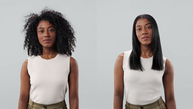 Mannequin avec des cheveux foncés, lisses et droits.