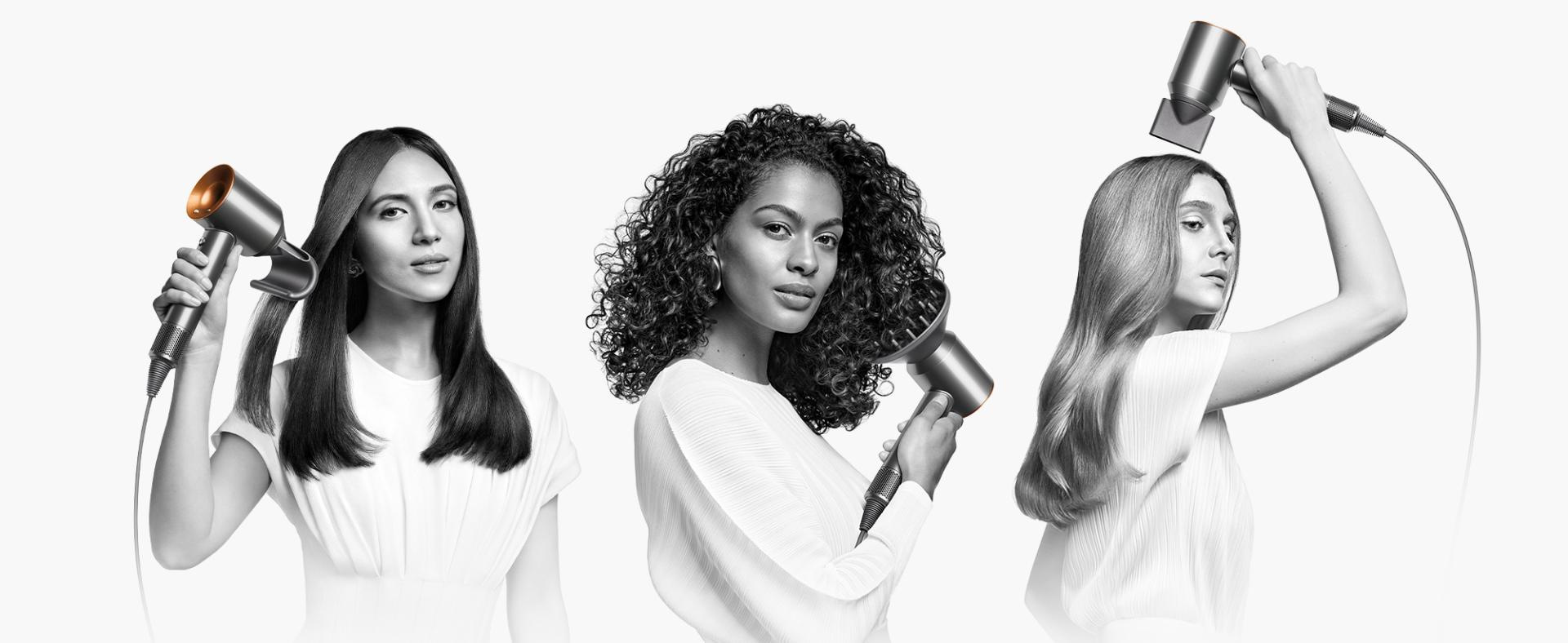 Tri žene upotrebljavaju sušilo za kosu Dyson Supersonic