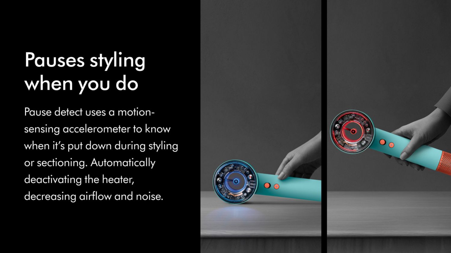 The Dyson Supersonic Nural hair dryer being set down on a table showing how the machine pauses styling when it's put down using a motion-sensing accelerometer. 