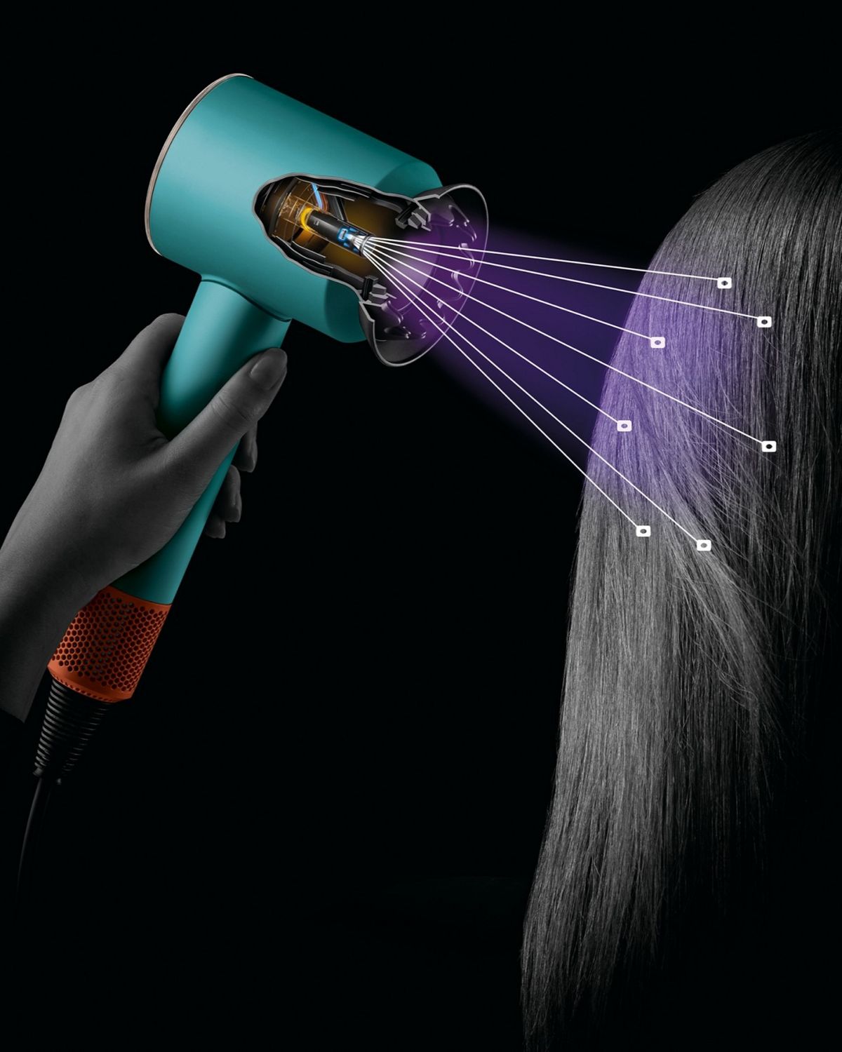 The Dyson Supersonic Nural hair dryer in scalp protect mode