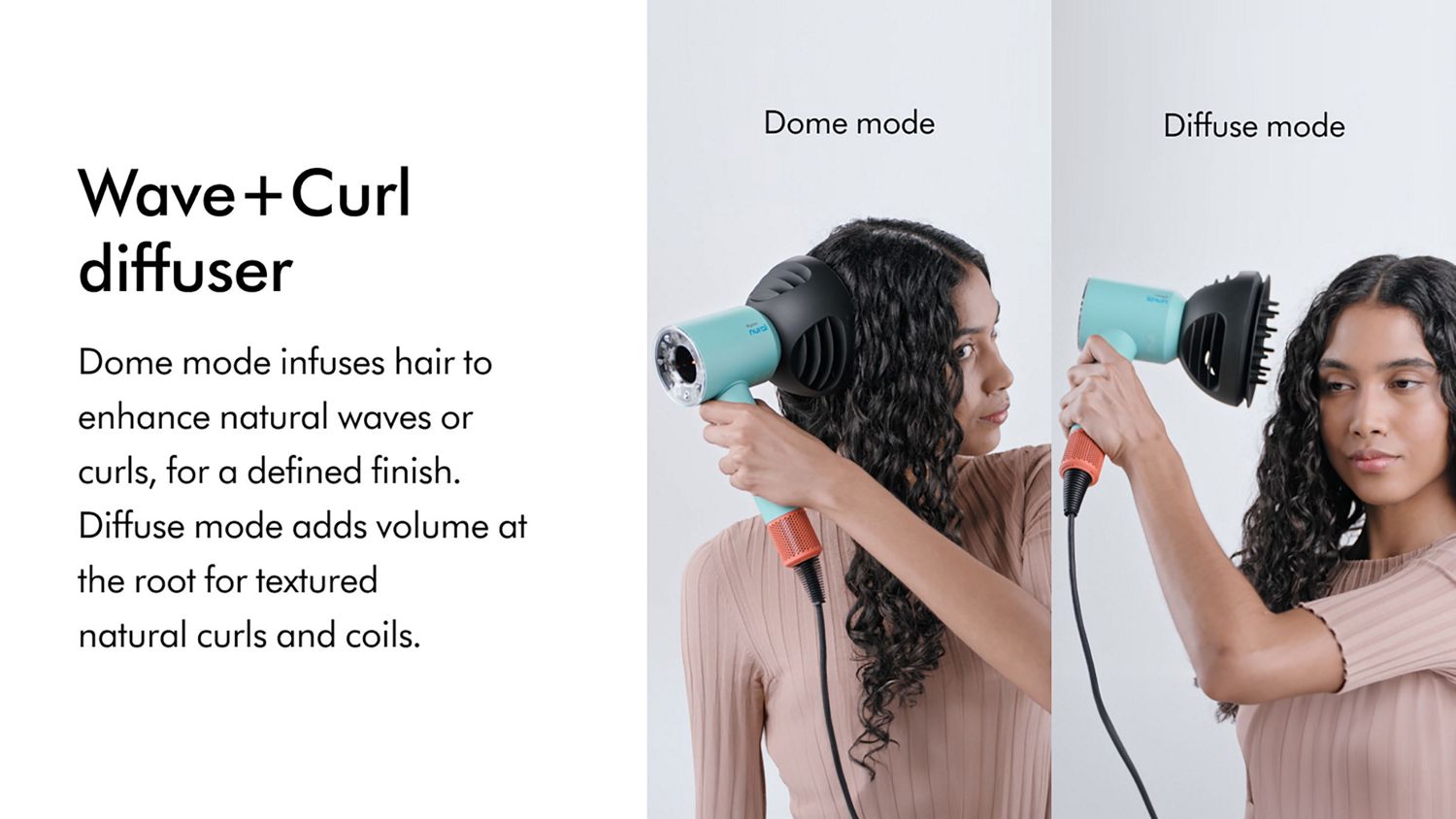 Wave + Curl diffuser being used on curly/coily hair in dome mode and diffuse mode