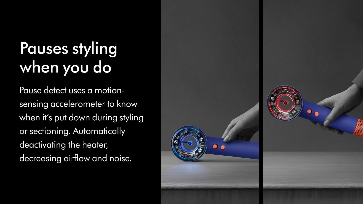 The Dyson Supersonic Nural hair dryer being set down on a table showing how the machine pauses styling when it's put down using a motion-sensing accelerometer.