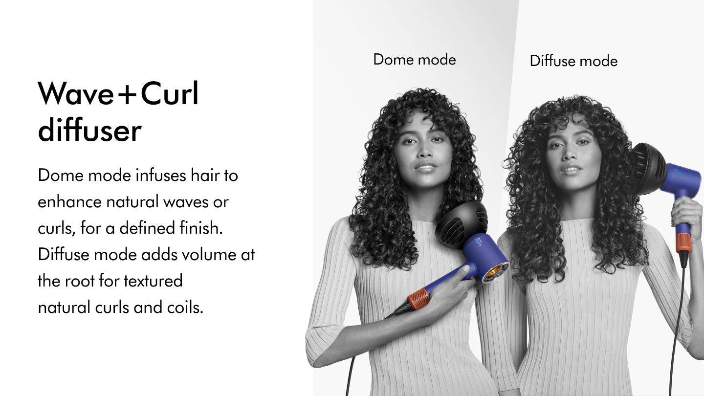 Wave + Curl diffuser being used on curly/coily hair in dome mode and diffuse mode