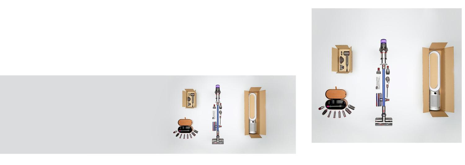 Refurbished Dyson machines with accessories and recyclable packaging.