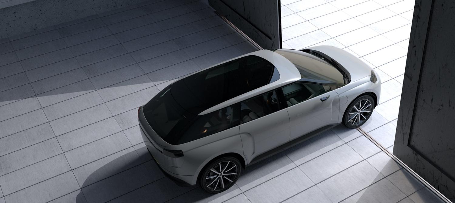 The Dyson car driving out of the hangar