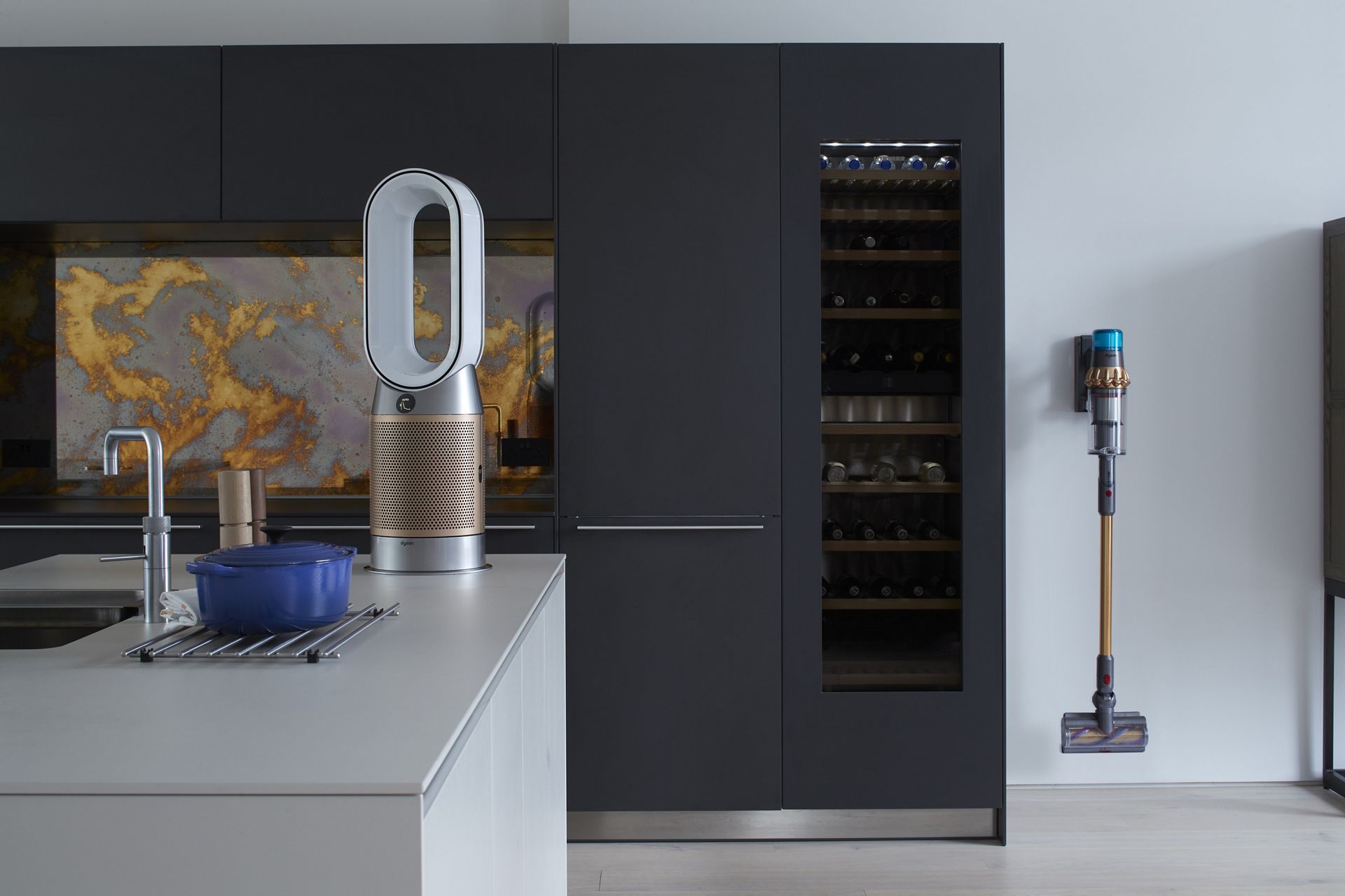 Dyson purifier and vacuum in a kitchen